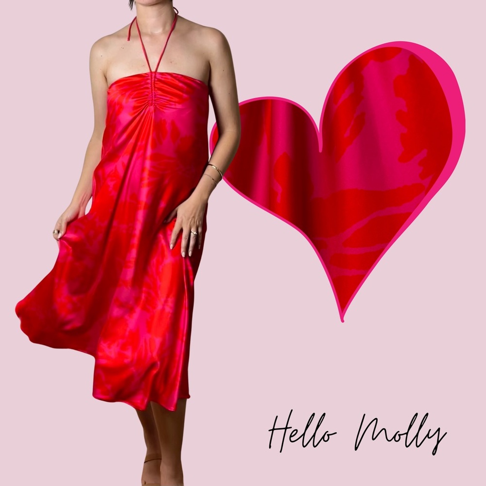🌈 90's B*tch Red & Pink Satin Halter Midi Dress | Size M – NWT